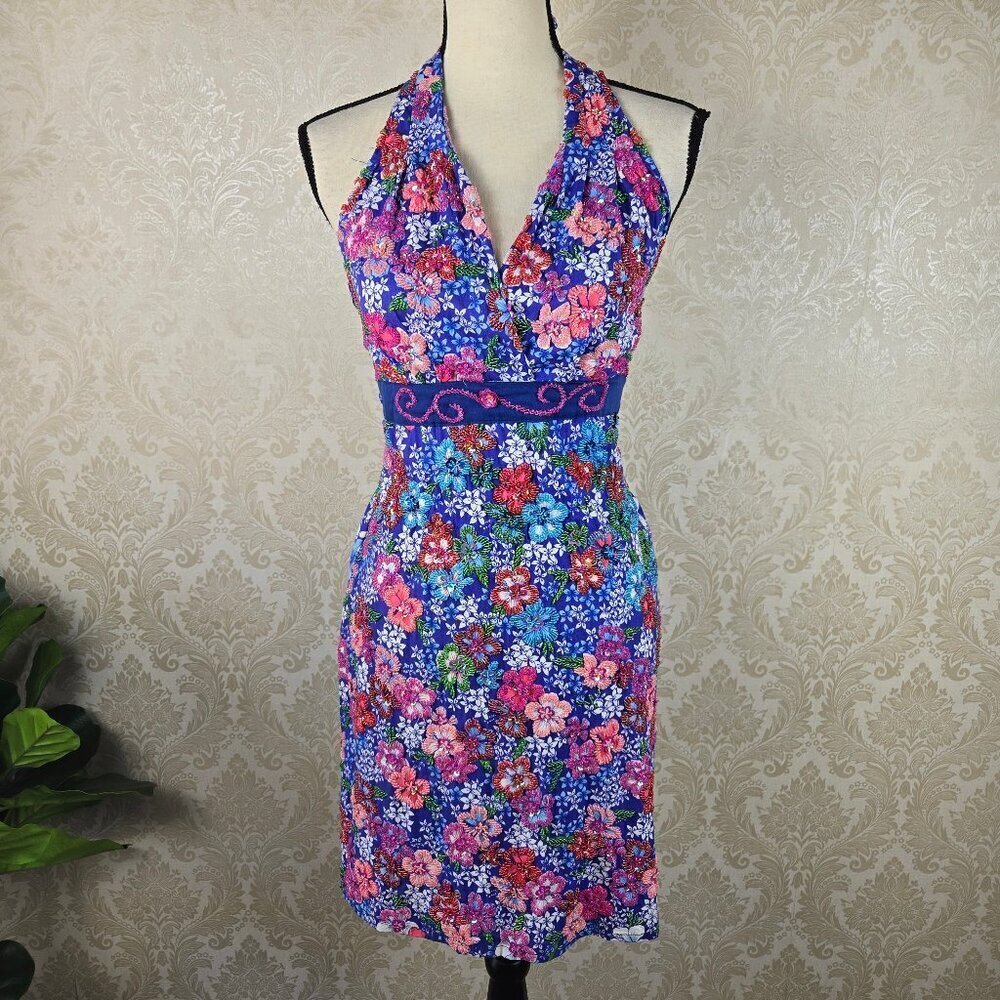 Blue Floral Halter Tie Neck Dress Beaded Front Smocked Back Cotton Size Small